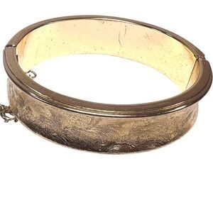 Vintage Sarah Coventry Bangle Bracelet Hinged 75" Safety Chain Brushed Gold Tone